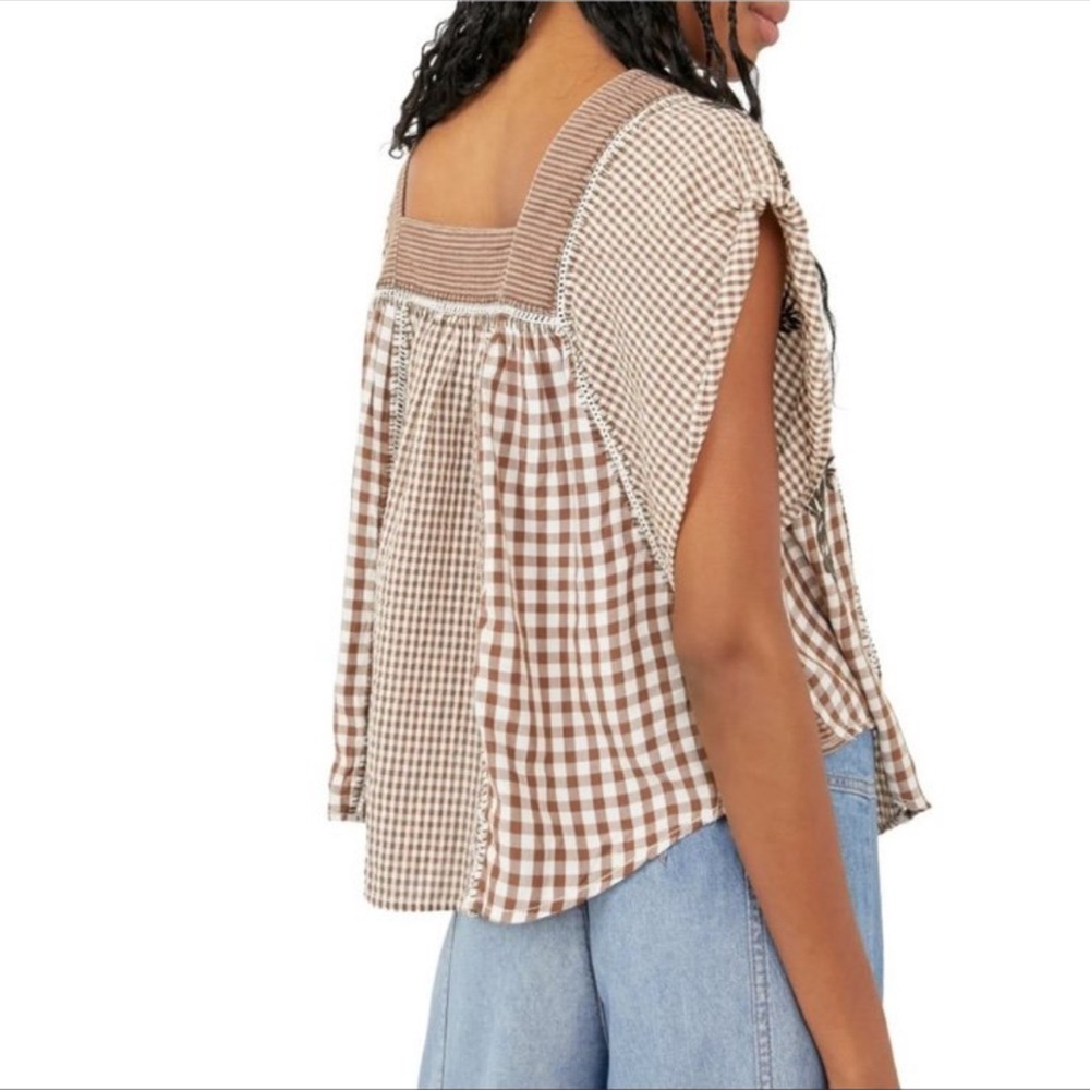 We the Free. Half Moon Brown Gingham Embroidered Women's Top - Picture 2 of 11